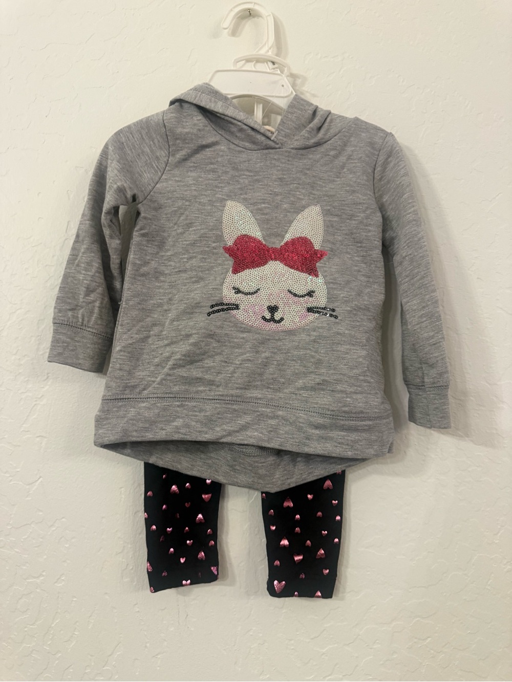 btween Gray Hoodie & Black Heart Leggings Kids Matching Set with Pink Accents